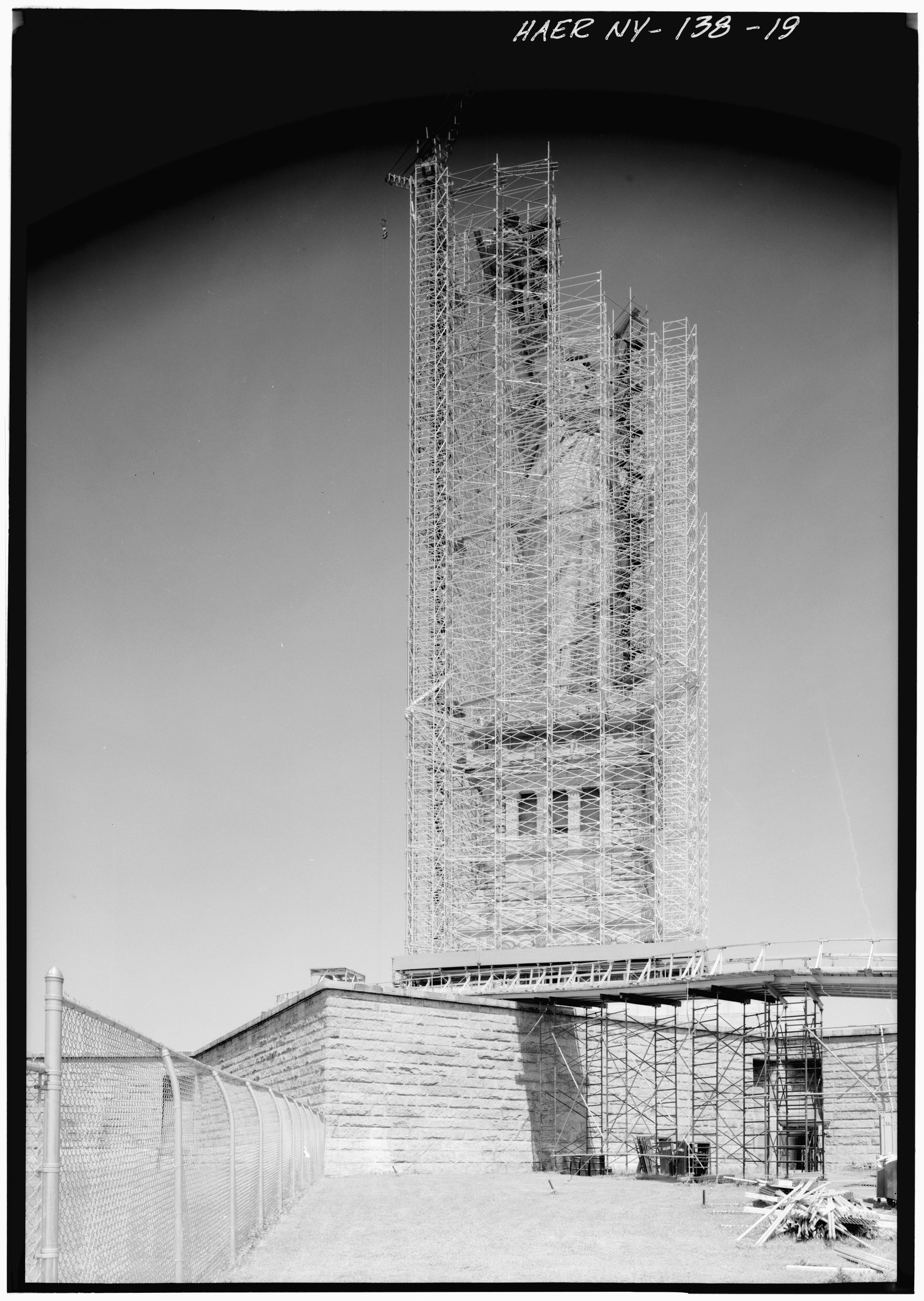 Statue of Liberty National Monument — Centennial Restoration — The Statue of Liberty in May 1984, encased in scaffolding at the start of the centennial restoration.