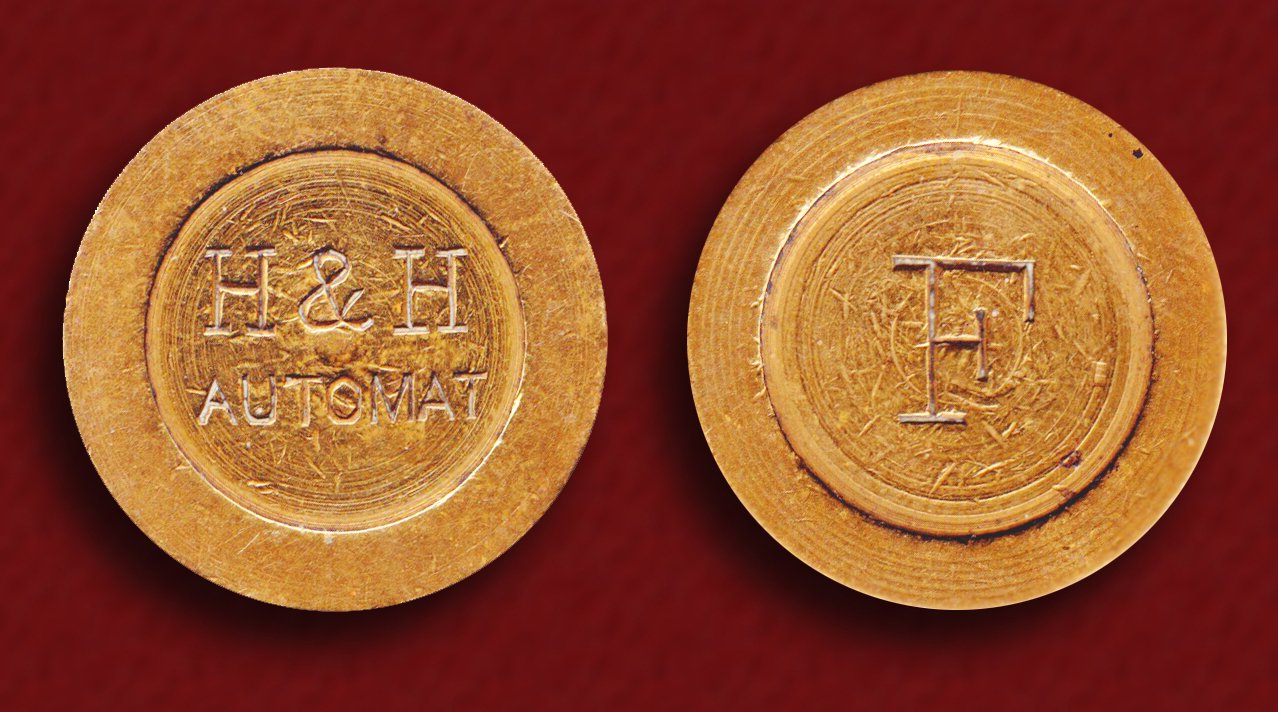 Horn & Hardart - 25 St. — Horn & Hardart Automat brass token, from The Cooper Collections. Used deliberately in place of a branch photograph because Rita's line gives no address.