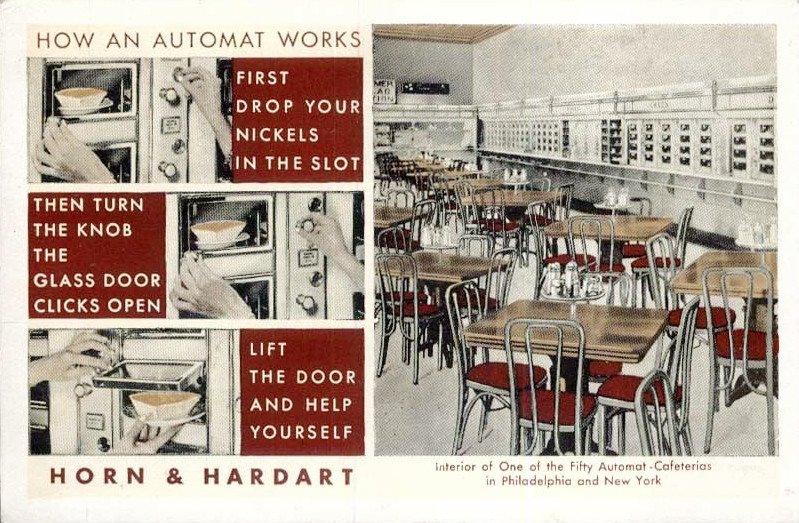 Horn & Hardart - West Babylon — Horn & Hardart Automat publicity postcard, circa 1930, showing how the Automat worked. Client and brand context only.