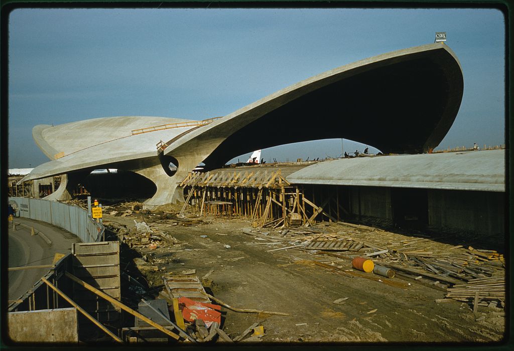 TWA Flight Wing 1 — terminal improvement work — The Trans World Airlines terminal at Idlewild under construction, photographed by Balthazar Korab. Construction context for the site, not the terminal improvement work recorded on the list.