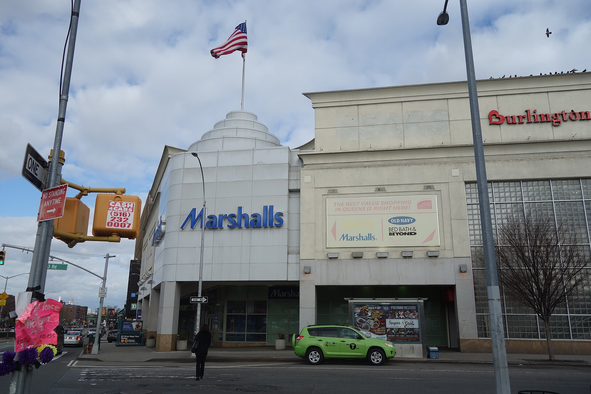 Queens Fashion Mall, Rego Park — The original Rego Center shopping complex (Rego Center I), formerly an Alexander's department store, at the northwest corner of Queens Boulevard and 63rd Road in Rego Park, Queens. Photographed in 2019; a current view, not a construction-period photograph.
