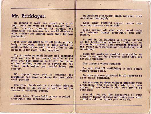 Interior pages of the Kelly for Brickwork card, addressed to Mr. Bricklayer