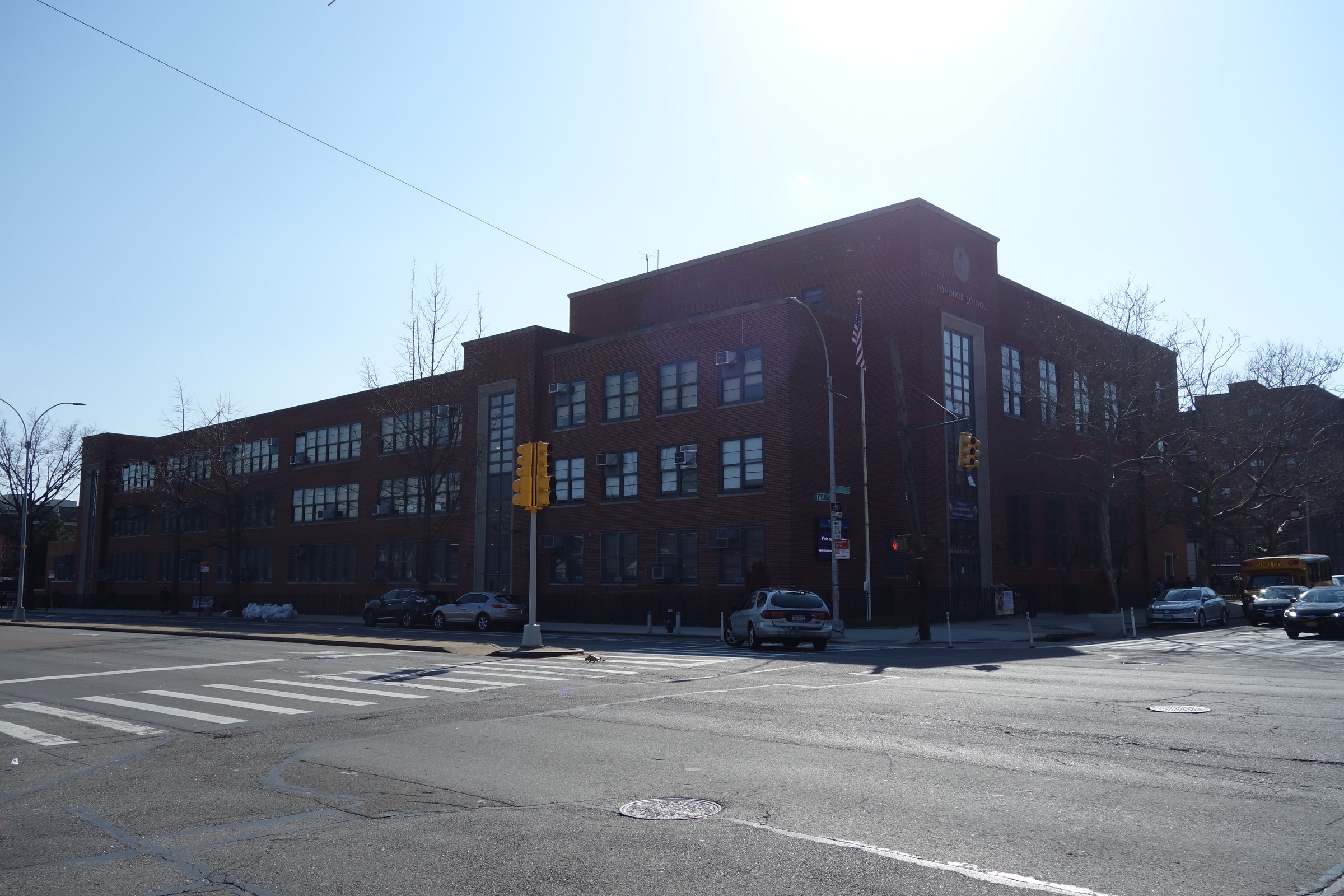 P.S./M.S. 200 — Queens (Q200) — P.S./M.S. 200, the Pomonok School, seen from Jewel Avenue at 164th Street in 2019.