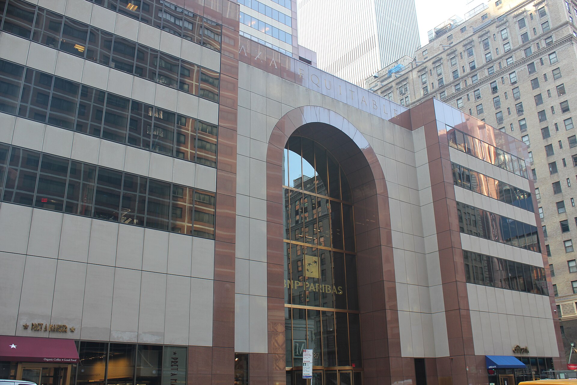Equitable Center West / AXA Equitable Center — 787 Seventh Avenue — 7th Avenue facade of Axa Equitable Center in Manhattan, New York, seen in August 2021. Photographed in 2021; a current view, not a construction-period photograph.