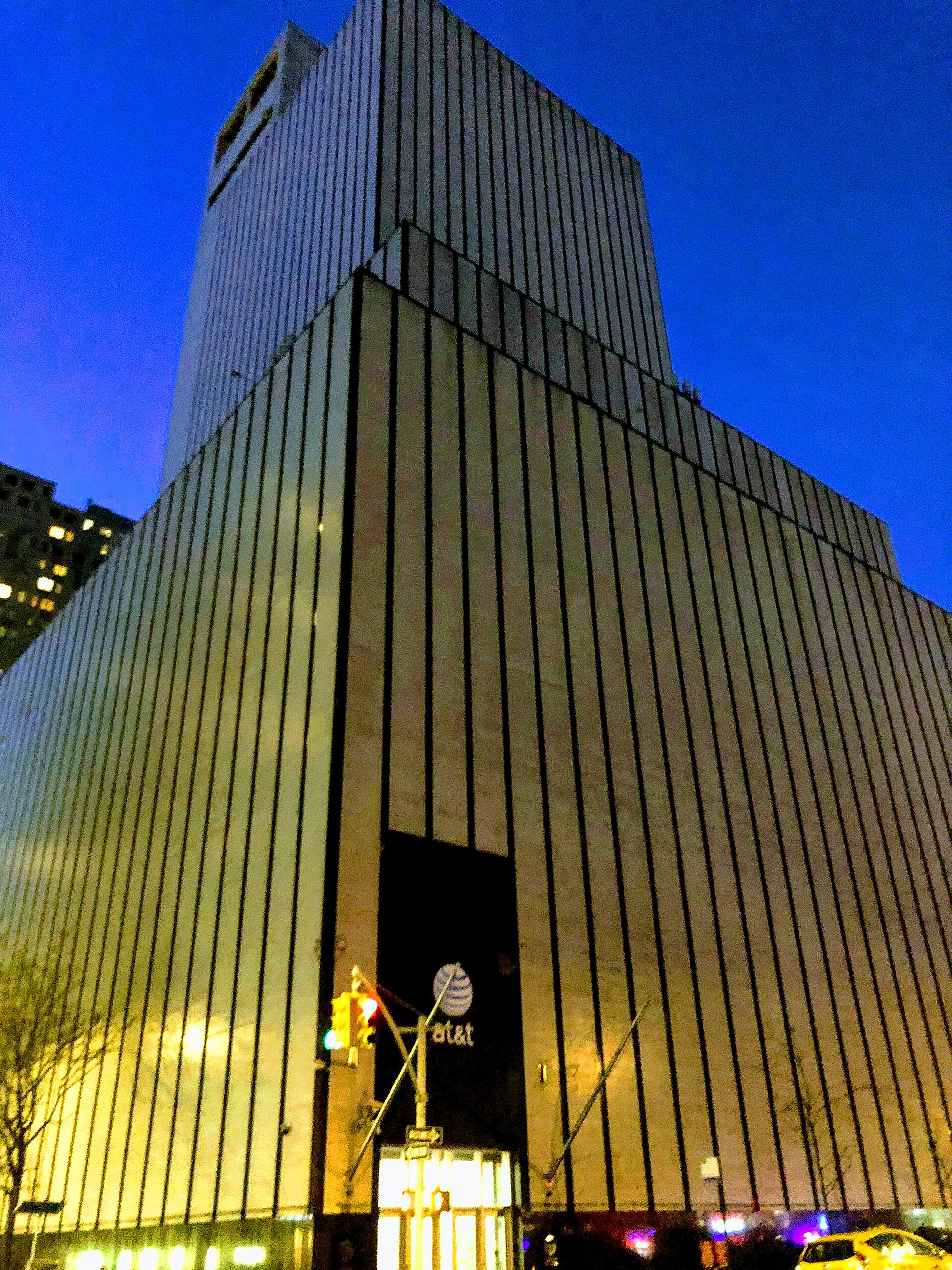 New York Telephone Switching Building / AT&T Switching Center — The AT&T building at 811 10th Avenue, Manhattan, at night in 2020. Photographed in 2020; a current view, not a construction-period photograph.