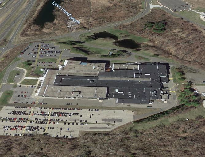 Perkin-Elmer Wooster Heights facility — Danbury — Aerial view of the former Perkin-Elmer plant on Wooster Heights, Danbury, now Danbury Mission Technologies.