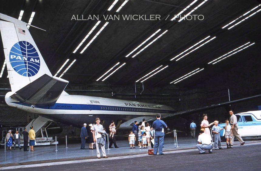 Pan American World Airways Hangar 14 — Idlewild Airport — A Pan American Boeing 707 inside Hangar 14 at Idlewild in 1958 — the facility recorded on Rita's list. What masonry work Kelly performed there is not established by the photograph.
