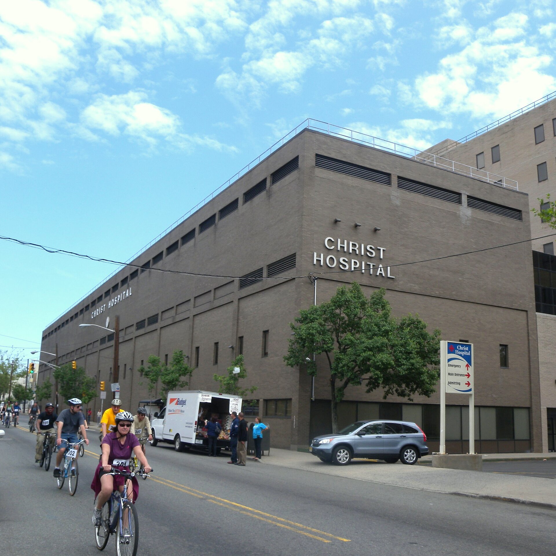 Christ Hospital — Tower Building / medical office expansion — Looking north at Christ Hospital, 176 Palisade Avenue on a mostly cloudy midday. Photographed in 2011; a current view, not a construction-period photograph.